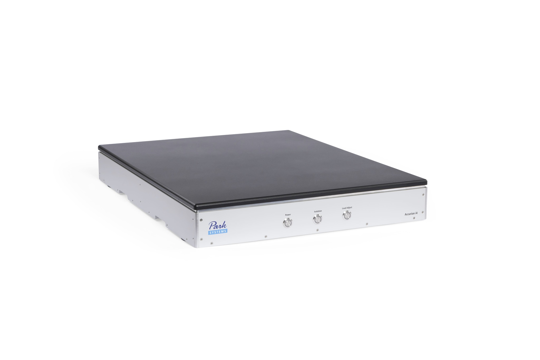 Park Systems Accurion i4 Active Vibration Isolation Desktop Unit with low-profile carbon design, automatic load adjustment, steel support frame, acoustic enclosure, and top plate with metric and imperial mounting holes